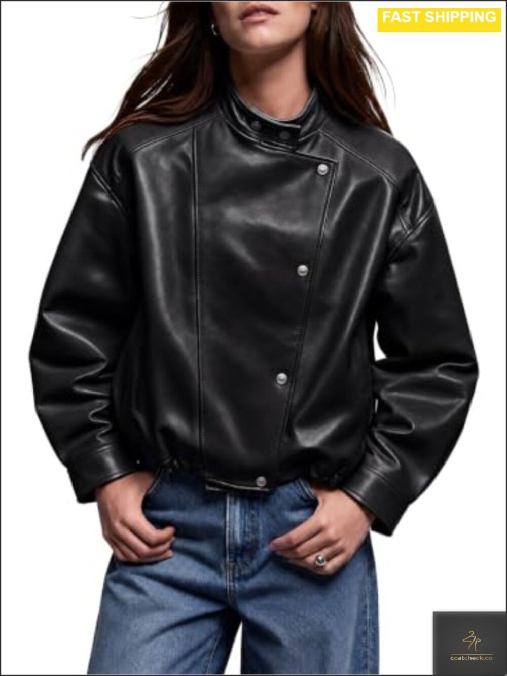 Oversized Faux Leather Moto Jacket Cropped Snap Button Women's